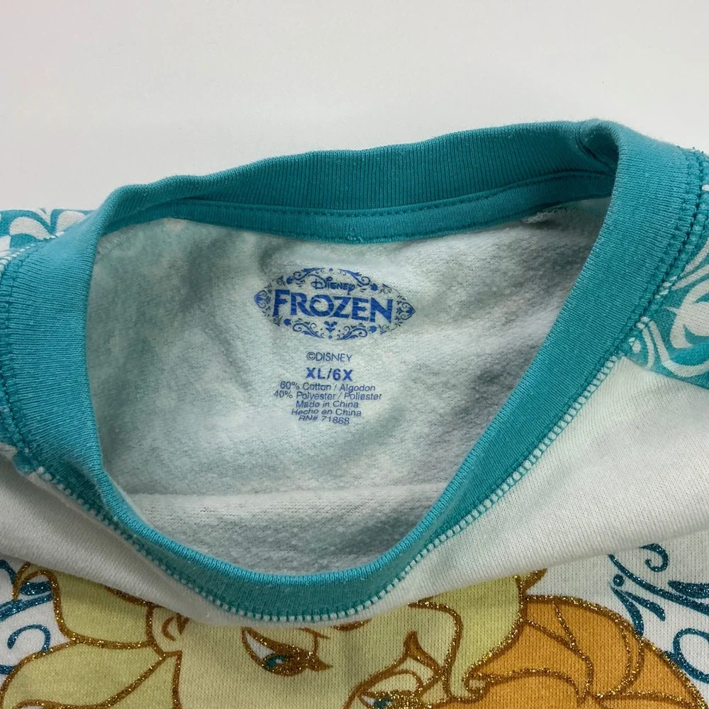 Disney Frozen Teal White Sweatshirt Kids XL/6X Elsa Anna Glitter Raglan Sleeves
